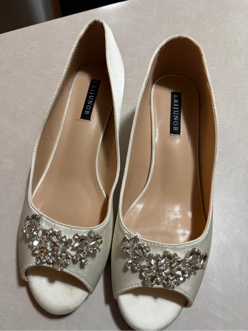 Cream satin Peep-Toe Heels with Crystal Accent